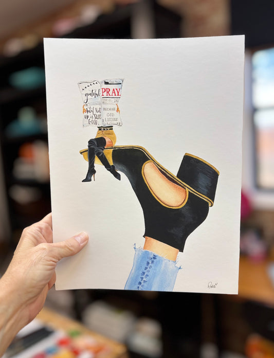 Pray on a Black and Gold Shoe