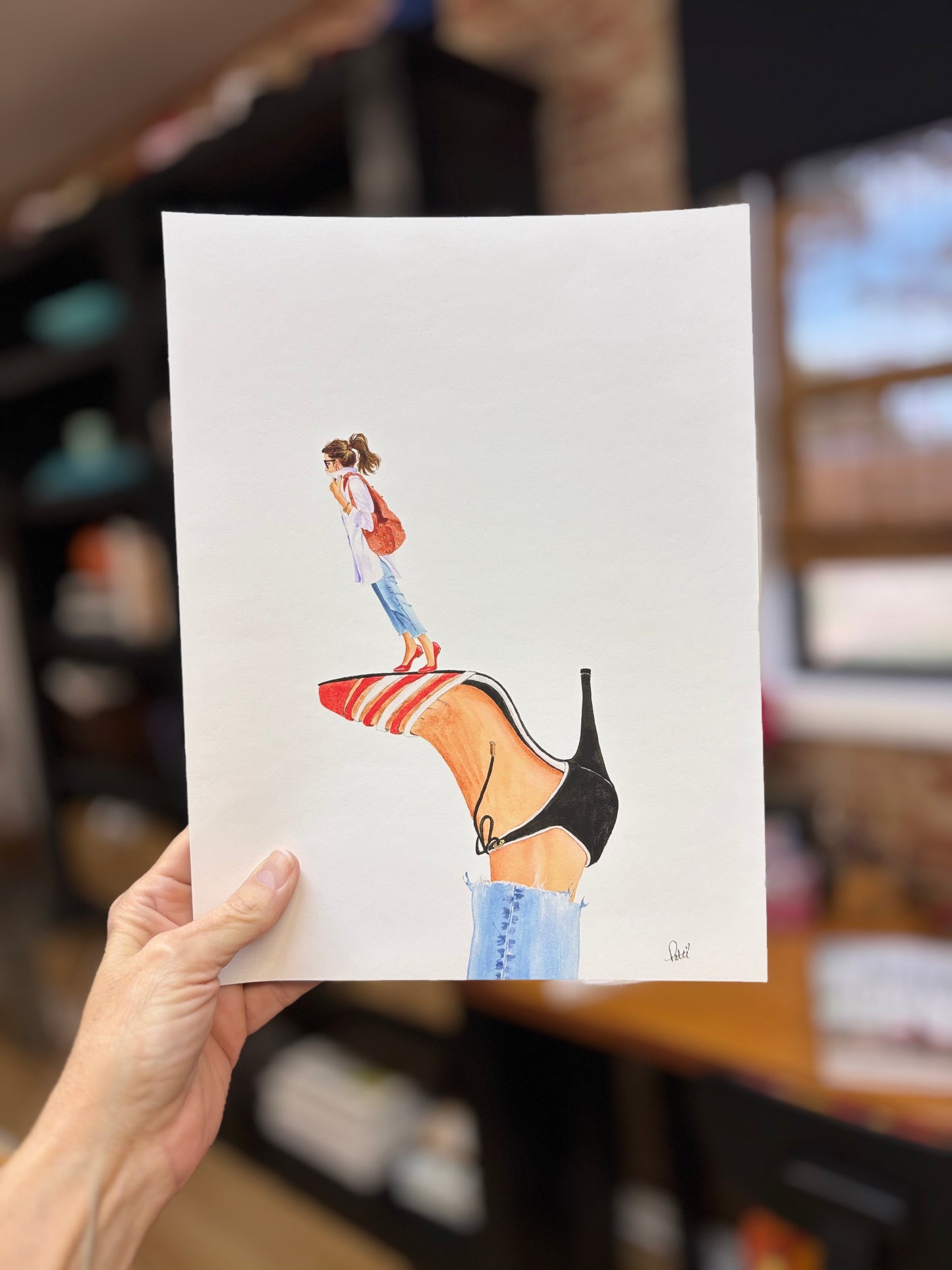 Leaning on a Red and White Shoe